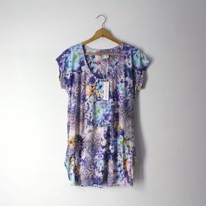 Tbags Los Angeles sz M womens tunic top blouse floral abstract stretch overlay